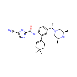 C[C@H]1CN([C@@H](C)c2ccc(NC(=O)c3ncc(C#N)[nH]3)c(C3=CCC(C)(C)CC3)c2)C[C@@H](C)N1 ZINC000169701093