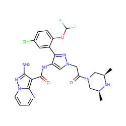 C[C@H]1CN(C(=O)Cn2cc(NC(=O)c3c(N)nn4cccnc34)c(-c3cc(Cl)ccc3OC(F)F)n2)C[C@@H](C)N1 ZINC001772622856