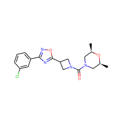 C[C@H]1CN(C(=O)N2CC(c3nc(-c4cccc(Cl)c4)no3)C2)C[C@@H](C)O1 ZINC000095577271