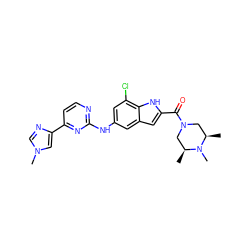 C[C@H]1CN(C(=O)c2cc3cc(Nc4nccc(-c5cn(C)cn5)n4)cc(Cl)c3[nH]2)C[C@@H](C)N1C ZINC000222326777