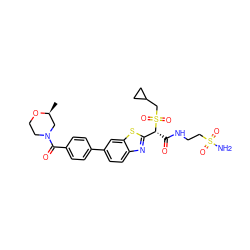 C[C@H]1CN(C(=O)c2ccc(-c3ccc4nc([C@@H](C(=O)NCCS(N)(=O)=O)S(=O)(=O)CC5CC5)sc4c3)cc2)CCO1 ZINC000143962554