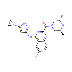 C[C@H]1CN(C(=O)c2nc(Nc3cc(C4CC4)[nH]n3)c3cc(Cl)ccc3n2)C[C@H](C)N1 ZINC001772641107