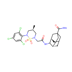 C[C@H]1CN(CC(=O)NC2[C@H]3CC4C[C@H]2CC(C(N)=O)(C4)C3)S(=O)(=O)N(c2c(Cl)cc(Cl)cc2Cl)C1 ZINC000101508857