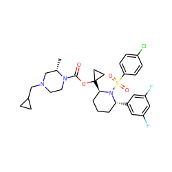 C[C@H]1CN(CC2CC2)CCN1C(=O)OC1([C@@H]2CCC[C@@H](c3cc(F)cc(F)c3)N2S(=O)(=O)c2ccc(Cl)cc2)CC1 ZINC000028879397