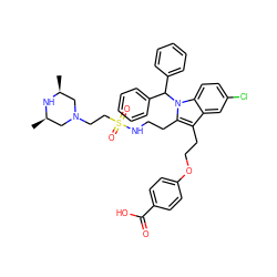 C[C@H]1CN(CCS(=O)(=O)NCCc2c(CCOc3ccc(C(=O)O)cc3)c3cc(Cl)ccc3n2C(c2ccccc2)c2ccccc2)C[C@@H](C)N1 ZINC000049833246