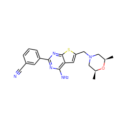 C[C@H]1CN(Cc2cc3c(N)nc(-c4cccc(C#N)c4)nc3s2)C[C@@H](C)O1 ZINC000118600479