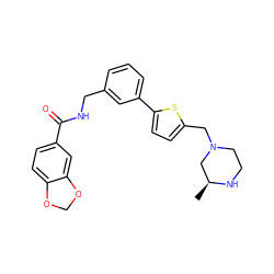 C[C@H]1CN(Cc2ccc(-c3cccc(CNC(=O)c4ccc5c(c4)OCO5)c3)s2)CCN1 ZINC000045506121