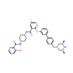 C[C@H]1CN(Cc2ccc(-c3cccc(Oc4ncc(F)cc4C(=O)N[C@H]4CC[C@@H](NC(=O)c5ncccc5O)CC4)c3)cc2)C[C@@H](C)N1 ZINC000261151019