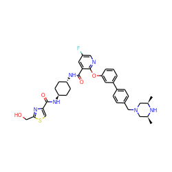 C[C@H]1CN(Cc2ccc(-c3cccc(Oc4ncc(F)cc4C(=O)N[C@H]4CC[C@H](NC(=O)c5csc(CO)n5)CC4)c3)cc2)C[C@@H](C)N1 ZINC000163635127