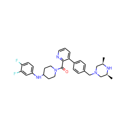 C[C@H]1CN(Cc2ccc(-c3cccnc3C(=O)N3CCC(Nc4ccc(F)c(F)c4)CC3)cc2)C[C@@H](C)N1 ZINC000034884842