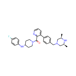 C[C@H]1CN(Cc2ccc(-c3cccnc3C(=O)N3CCC(Nc4ccc(F)cc4)CC3)cc2)C[C@@H](C)N1 ZINC000034884499