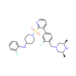 C[C@H]1CN(Cc2ccc(-c3cccnc3S(=O)(=O)N3CCC(Nc4ccccc4F)CC3)cc2F)C[C@@H](C)N1 ZINC000059634979