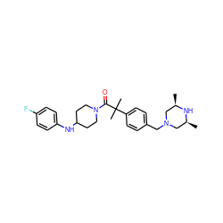 C[C@H]1CN(Cc2ccc(C(C)(C)C(=O)N3CCC(Nc4ccc(F)cc4)CC3)cc2)C[C@@H](C)N1 ZINC000034849918