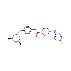 C[C@H]1CN(Cc2ccc(CC(=O)N3CCC(Nc4ccc(F)cc4)CC3)cc2)C[C@@H](C)N1 ZINC000034603840