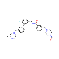 C[C@H]1CN(Cc2cccc(-c3cc(CNC(=O)c4cccc(CN5CCN(C=O)CC5)c4)ccc3F)c2)CCN1 ZINC000043130375