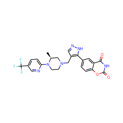 C[C@H]1CN(Cc2cn[nH]c2-c2ccc3oc(=O)[nH]c(=O)c3c2)CCN1c1ccc(C(F)(F)F)cn1 ZINC000143984241