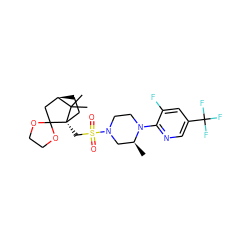 C[C@H]1CN(S(=O)(=O)C[C@]23CC[C@H](CC24OCCO4)C3(C)C)CCN1c1ncc(C(F)(F)F)cc1F ZINC000040391766