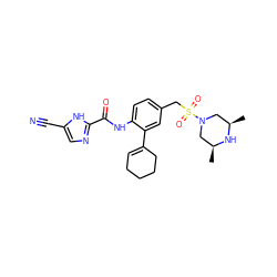 C[C@H]1CN(S(=O)(=O)Cc2ccc(NC(=O)c3ncc(C#N)[nH]3)c(C3=CCCCC3)c2)C[C@@H](C)N1 ZINC000169701078