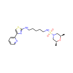 C[C@H]1CN(S(=O)(=O)NCCCCCNc2nc(-c3ccccn3)cs2)C[C@@H](C)O1 ZINC000073140721