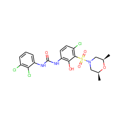 C[C@H]1CN(S(=O)(=O)c2c(Cl)ccc(NC(=O)Nc3cccc(Cl)c3Cl)c2O)C[C@@H](C)O1 ZINC000653866596