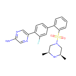 C[C@H]1CN(S(=O)(=O)c2ccccc2-c2ccc(-c3cnc(N)cn3)c(F)c2)C[C@@H](C)N1 ZINC000212129102