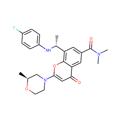 C[C@H]1CN(c2cc(=O)c3cc(C(=O)N(C)C)cc([C@@H](C)Nc4ccc(F)cc4)c3o2)CCO1 ZINC000116736893