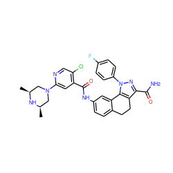 C[C@H]1CN(c2cc(C(=O)Nc3ccc4c(c3)-c3c(c(C(N)=O)nn3-c3ccc(F)cc3)CC4)c(Cl)cn2)C[C@@H](C)N1 ZINC000049746481