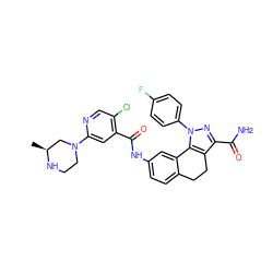 C[C@H]1CN(c2cc(C(=O)Nc3ccc4c(c3)-c3c(c(C(N)=O)nn3-c3ccc(F)cc3)CC4)c(Cl)cn2)CCN1 ZINC000049766453