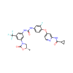 C[C@H]1CN(c2cc(NC(=O)Nc3ccc(Oc4ccnc(NC(=O)C5CC5)c4)c(F)c3)cc(C(F)(F)F)c2)C(=O)O1 ZINC001772579028