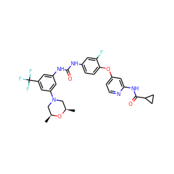 C[C@H]1CN(c2cc(NC(=O)Nc3ccc(Oc4ccnc(NC(=O)C5CC5)c4)c(F)c3)cc(C(F)(F)F)c2)C[C@@H](C)O1 ZINC001772625840