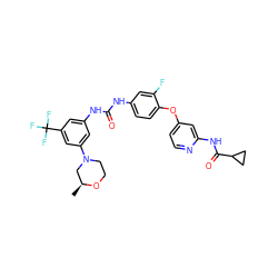 C[C@H]1CN(c2cc(NC(=O)Nc3ccc(Oc4ccnc(NC(=O)C5CC5)c4)c(F)c3)cc(C(F)(F)F)c2)CCO1 ZINC001772581473