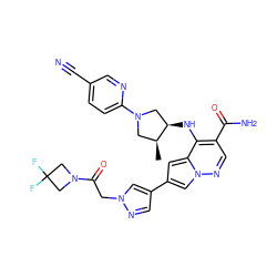 C[C@H]1CN(c2ccc(C#N)cn2)C[C@H]1Nc1c(C(N)=O)cnn2cc(-c3cnn(CC(=O)N4CC(F)(F)C4)c3)cc12 ZINC000202012470