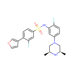 C[C@H]1CN(c2ccc(F)c(NS(=O)(=O)c3ccc(-c4ccoc4)c(F)c3)c2)C[C@@H](C)N1 ZINC000095598541