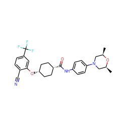 C[C@H]1CN(c2ccc(NC(=O)[C@H]3CC[C@@H](Oc4cc(C(F)(F)F)ccc4C#N)CC3)cc2)C[C@@H](C)O1 ZINC000261185140