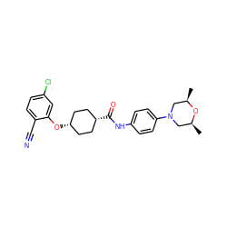 C[C@H]1CN(c2ccc(NC(=O)[C@H]3CC[C@@H](Oc4cc(Cl)ccc4C#N)CC3)cc2)C[C@@H](C)O1 ZINC000261136829