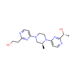 C[C@H]1CN(c2ccnc(CCO)n2)CCN1c1ccnc([C@@H](C)O)n1 ZINC000027623461