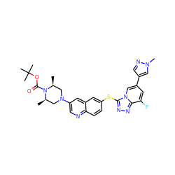 C[C@H]1CN(c2cnc3ccc(Sc4nnc5c(F)cc(-c6cnn(C)c6)cn45)cc3c2)C[C@@H](C)N1C(=O)OC(C)(C)C ZINC000144133913