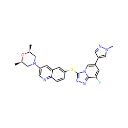 C[C@H]1CN(c2cnc3ccc(Sc4nnc5c(F)cc(-c6cnn(C)c6)cn45)cc3c2)C[C@@H](C)O1 ZINC000204965207