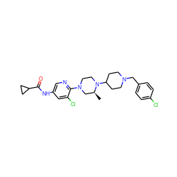 C[C@H]1CN(c2ncc(NC(=O)C3CC3)cc2Cl)CCN1C1CCN(Cc2ccc(Cl)cc2)CC1 ZINC000066077676