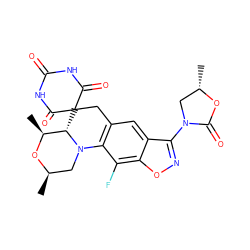 C[C@H]1CN(c2noc3c(F)c4c(cc23)CC2(C(=O)NC(=O)NC2=O)[C@H]2[C@H](C)O[C@H](C)CN42)C(=O)O1 ZINC000145879953