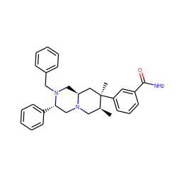 C[C@H]1CN2C[C@H](c3ccccc3)N(Cc3ccccc3)C[C@H]2C[C@@]1(C)c1cccc(C(N)=O)c1 ZINC000035075237