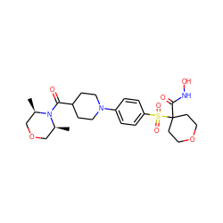 C[C@H]1COC[C@@H](C)N1C(=O)C1CCN(c2ccc(S(=O)(=O)C3(C(=O)NO)CCOCC3)cc2)CC1 ZINC000049036411