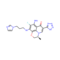 C[C@H]1COc2c(NCCCn3ccnc3)c(F)c(N)c3c(=O)c(-c4nnn[nH]4)cn1c23 ZINC000043203724