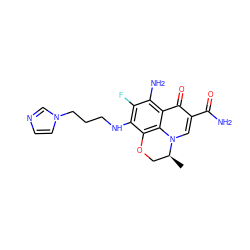 C[C@H]1COc2c(NCCCn3ccnc3)c(F)c(N)c3c(=O)c(C(N)=O)cn1c23 ZINC000082157874