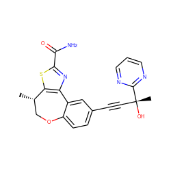 C[C@H]1COc2ccc(C#C[C@@](C)(O)c3ncccn3)cc2-c2nc(C(N)=O)sc21 ZINC000219543331