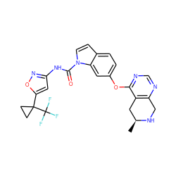 C[C@H]1Cc2c(ncnc2Oc2ccc3ccn(C(=O)Nc4cc(C5(C(F)(F)F)CC5)on4)c3c2)CN1 ZINC000653835836