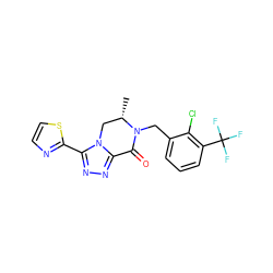 C[C@H]1Cn2c(nnc2-c2nccs2)C(=O)N1Cc1cccc(C(F)(F)F)c1Cl ZINC000219174917