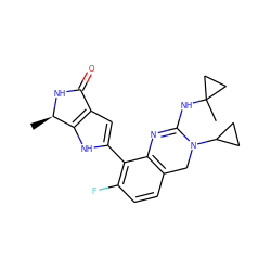 C[C@H]1NC(=O)c2cc(-c3c(F)ccc4c3N=C(NC3(C)CC3)N(C3CC3)C4)[nH]c21 ZINC001772639006