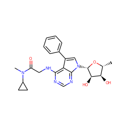 C[C@H]1O[C@@H](n2cc(-c3ccccc3)c3c(NCC(=O)N(C)C4CC4)ncnc32)[C@H](O)[C@@H]1O ZINC000013676912