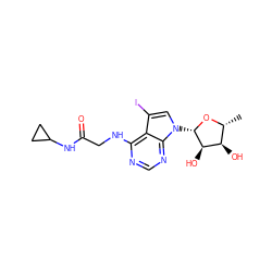 C[C@H]1O[C@@H](n2cc(I)c3c(NCC(=O)NC4CC4)ncnc32)[C@H](O)[C@@H]1O ZINC000013676916